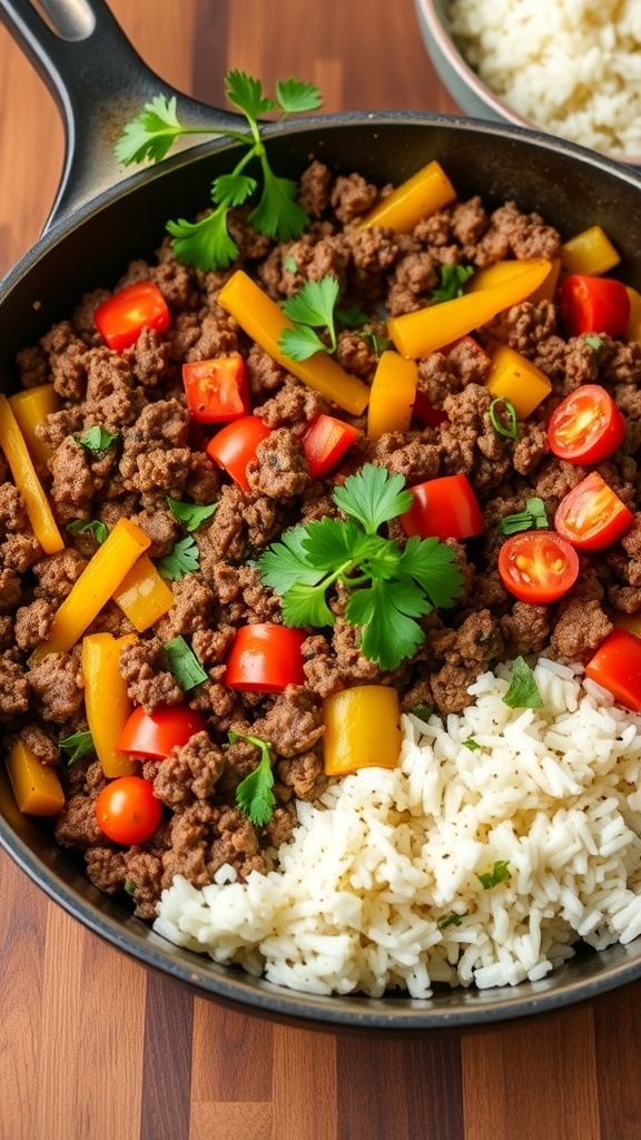 Savory Hamburger Beef Skillet Recipe Savory hamburger beef skillet with ground beef, bell peppers, and tomatoes served in a skillet with rice.